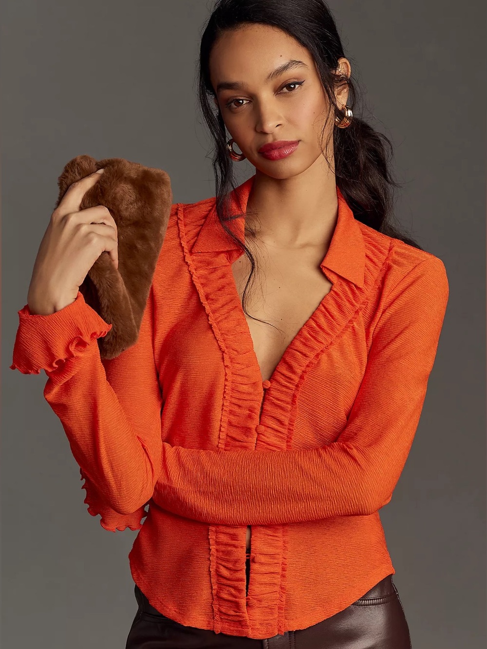By Anthropologie Orange Ruffle Front Cardigan Top Size L
